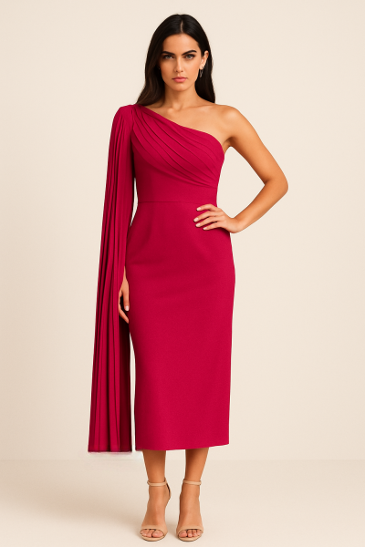 Fuchsia Midi Kleid Oneshoulder